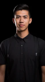 Stylish Asian Man Portrait in Black Shirt and Suspenders