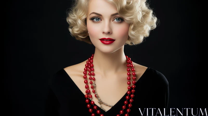 Vintage Fashion Portrait of a Woman with Blond Hair and Red Accessories AI Image
