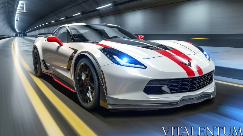 AI ART White & Red Chevrolet Corvette Z06 Speeding Through Tunnel