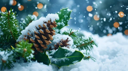 Winter Pine Cone and Holly Covered in Snow