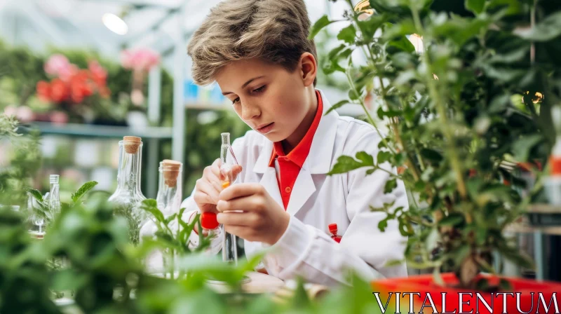 Young Boy Conducting Science Experiment in Greenhouse AI Image