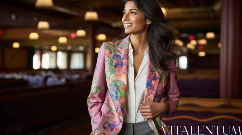 AI ART Young Indian Woman in Pink Floral Blazer at Restaurant