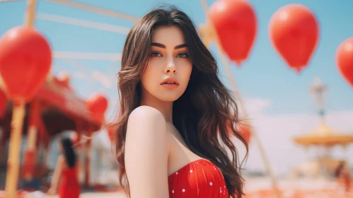 Young Woman in Red Dress with White Polka Dots Portrait