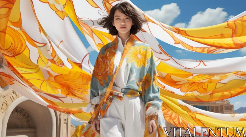 Young Woman in Yellow and White Floral Kimono Standing in Courtyard AI Image