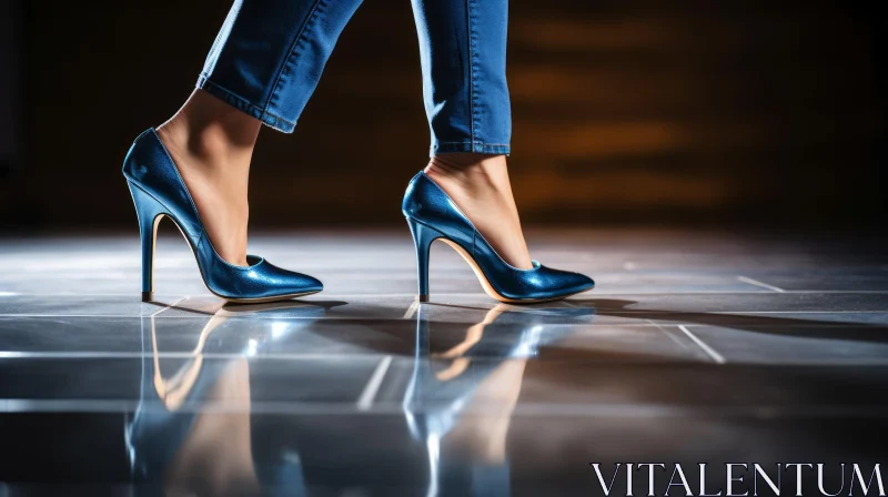Blue Jeans and High Heels - Woman Walking on Shiny Floor AI Image