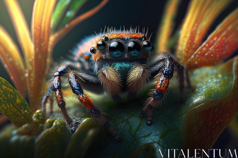 Captivating Orange Spider with Blue Eyes on Leaf | Hyper-Realistic Portrait AI Image