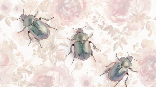 Close-up Beetles on Pink Floral Background