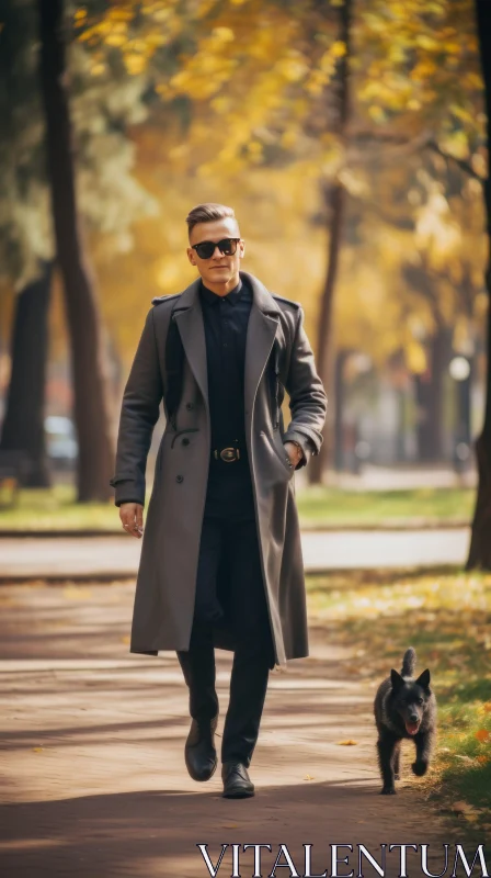 Confident Man Walking with Black German Shepherd in Autumn Park AI Image