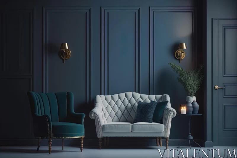 Elegant Neoclassical Sofa and Chair in a Dimly Lit Room with Blue Walls AI Image