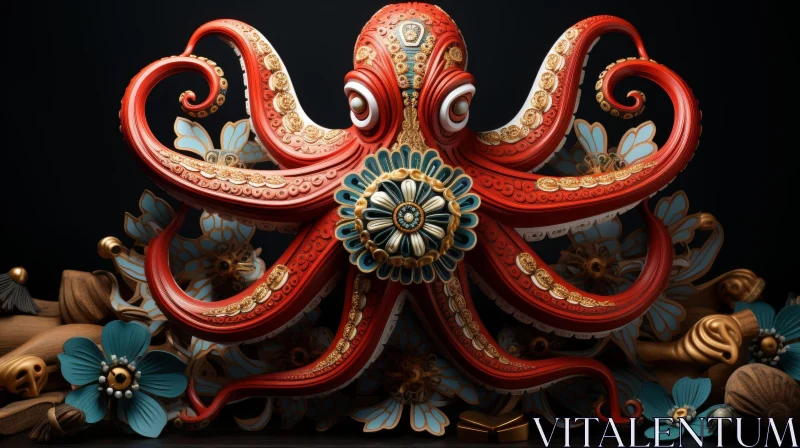 Enchanting Red Octopus with Golden Patterns in 3D AI Image