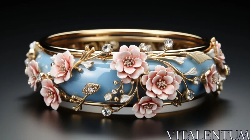 Exquisite Gold and Enamel Bracelet with Pink Flowers and Diamonds AI Image