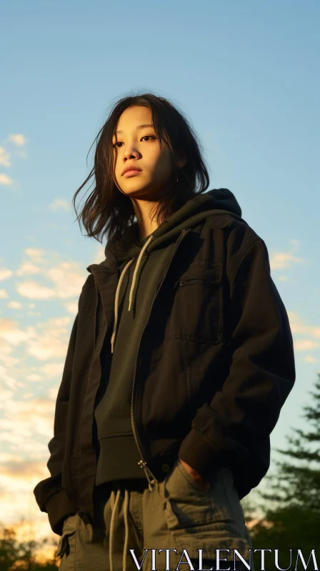 Serious Asian Woman in Field at Sunset AI Image