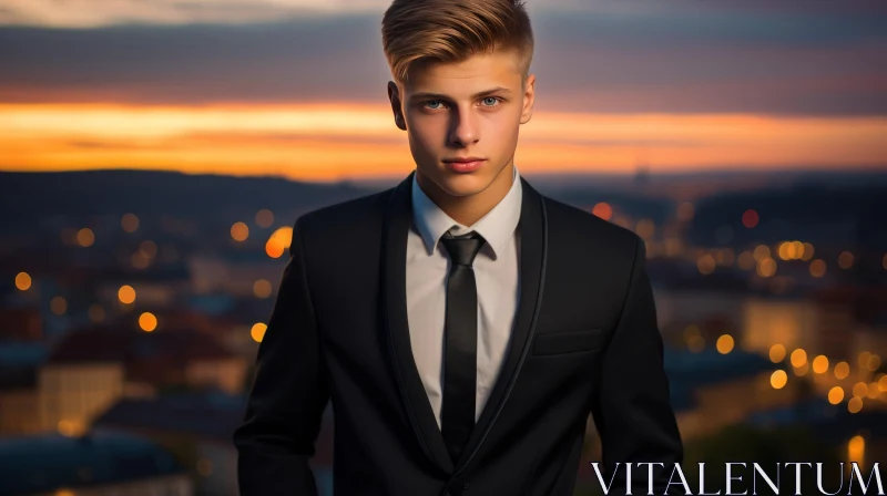 Serious Young Man in Black Suit at Sunset Rooftop AI Image