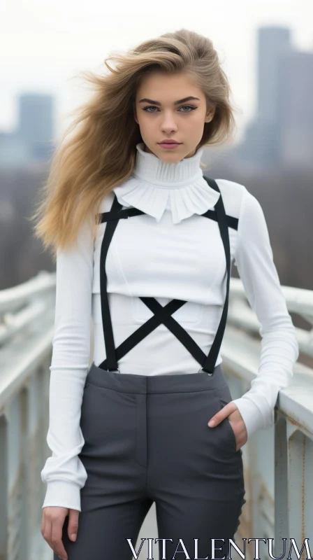 Serious Young Woman on Bridge in Cityscape AI Image