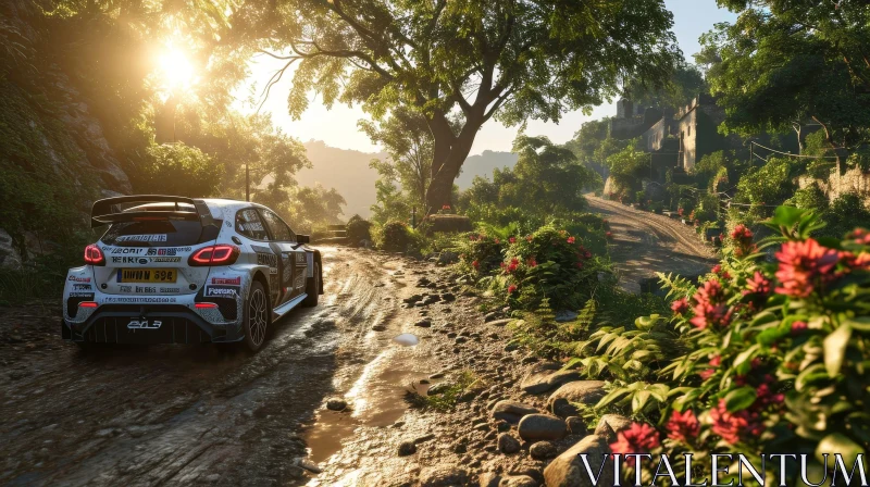 Speeding Rally Car in Enchanting Forest AI Image
