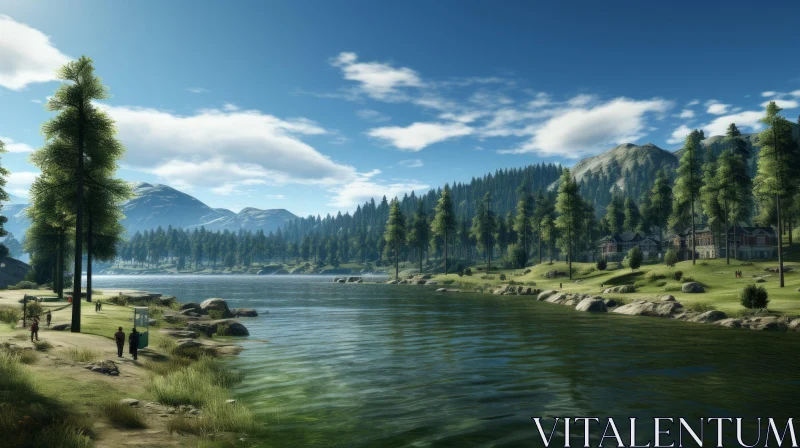 Tranquil Lake and Mountain Landscape with House AI Image