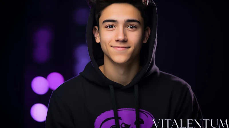 Young Man Portrait in Black Hoodie with Purple Drawstrings AI Image