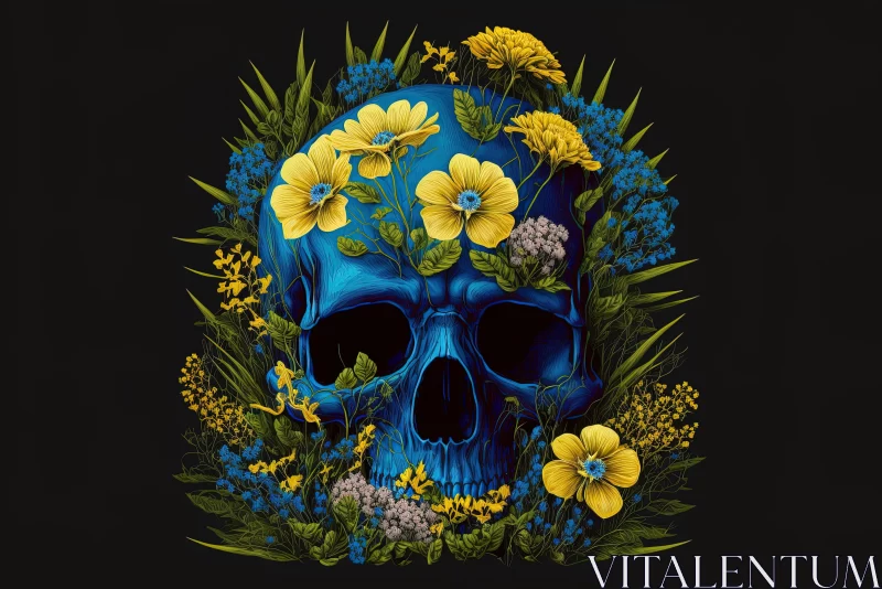 Captivating Hyperrealistic Illustration: Skull with Blue Flowers on Black Background AI Image