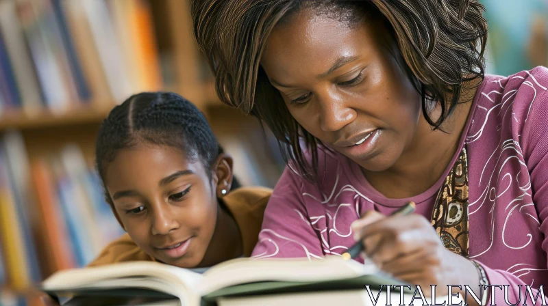 Captivating Image of a Young African-American Girl and Her Mother Reading in a Library AI Image
