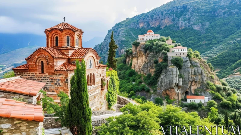 Captivating Monastery Cliff Landscape with Red and White Domes AI Image
