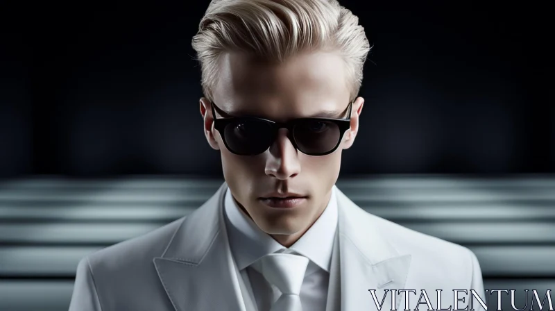 Confident Young Man in White Suit and Sunglasses AI Image