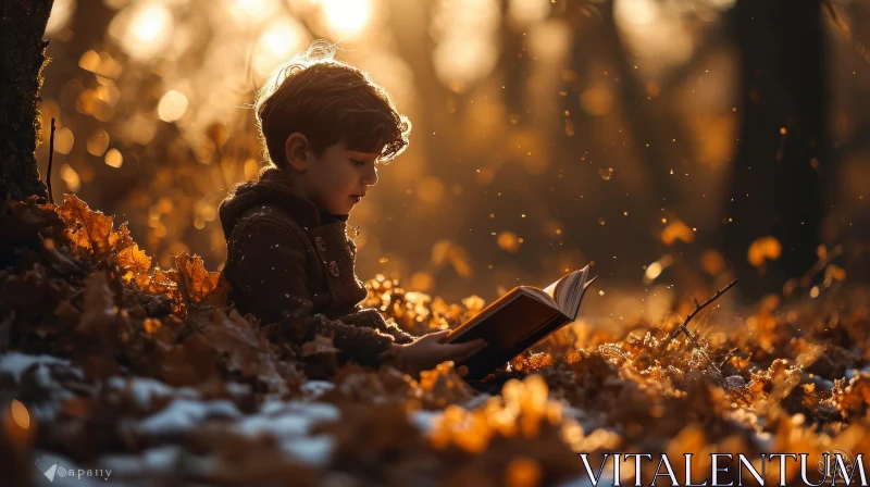 Enchanting Forest Scene: Boy Reading in a Pile of Fallen Leaves AI Image