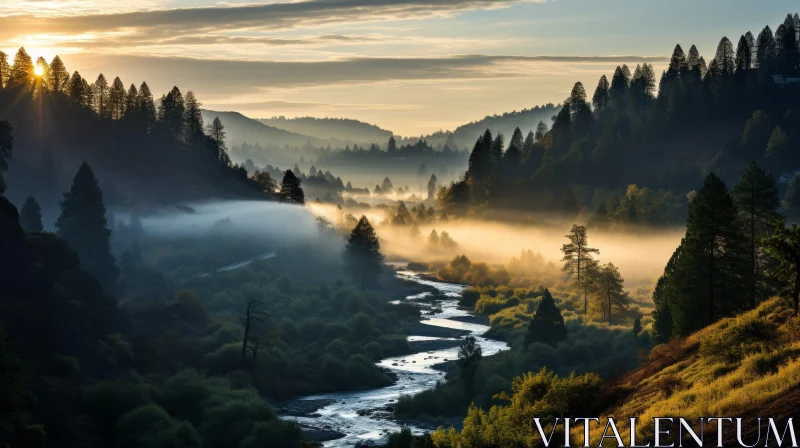 Golden Sunrise in a Misty Valley Landscape AI Image