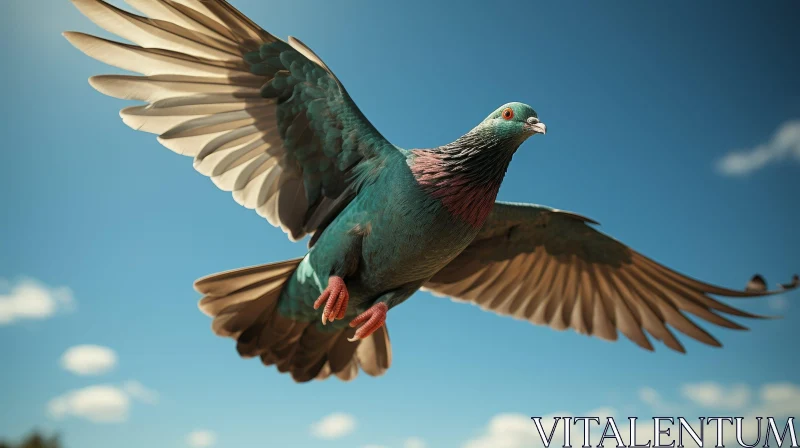 Graceful Pigeon Flight in Blue Sky AI Image