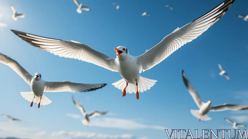 Graceful Seagull Soaring in Clear Blue Sky AI Image