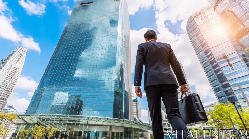 Impressive Skyscraper: Man in Business Suit Walking Towards Towering Glass Building AI Image