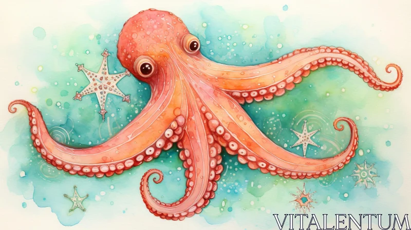 AI ART Pink Octopus Watercolor Painting - Serene Sea Life Artwork
