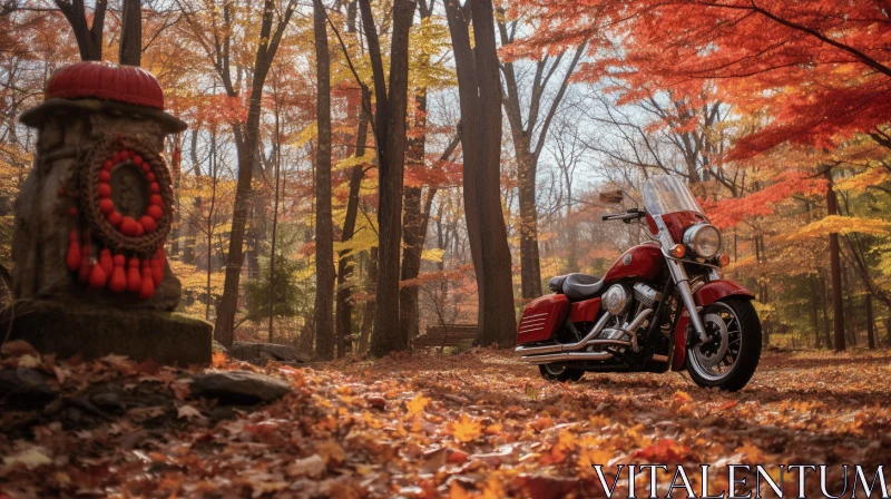 Red Motorcycle in Forest: Captivating Autumn Scene AI Image