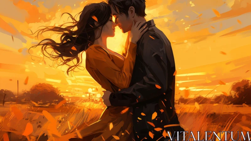 Romantic Sunset Painting in Wheat Field AI Image