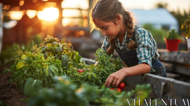 Serene Sunset Garden: Young Girl Harvesting Tomatoes AI Image