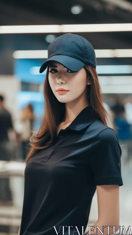 Serious Woman Portrait in Black Cap and Polo Shirt AI Image