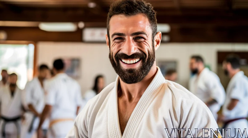 Smiling Young Man in White Kimono Practicing Karate AI Image