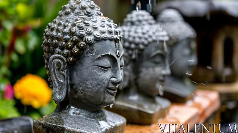 Stone Buddha Head with Water Droplets - Majestic Close-up AI Image