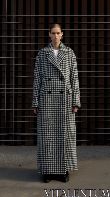 Stylish Woman in Black-and-White Houndstooth Coat AI Image
