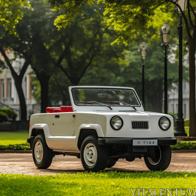 Tranquil and Retro Chic White Four Wheel Drive Vehicle on Green Space AI Image