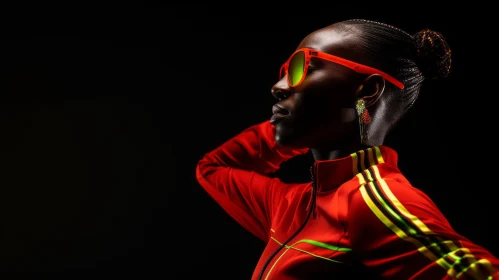Young African-American Woman in Red Tracksuit with Orange Sunglasses
