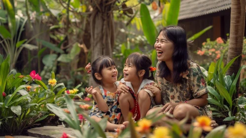 A Captivating Moment of Motherly Love in a Tropical Garden