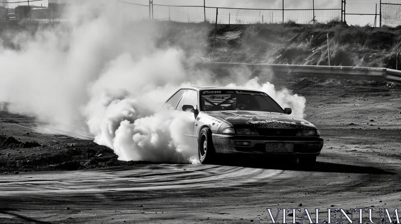 AI ART Black and White Car Drifting on Dirt Track with Smoke