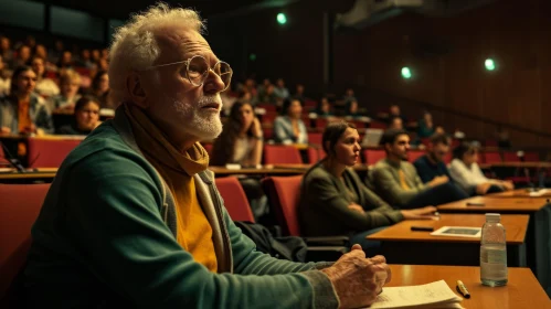 Captivating Elderly Man in Auditorium - A Moment of Reflection