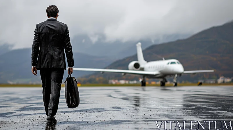 Confident Businessman Walking Away with Briefcase | Private Jet | Rainy Runway AI Image