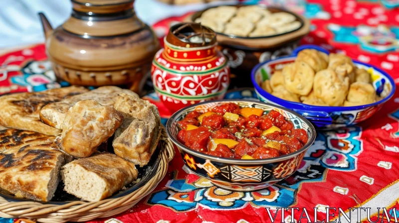 AI ART Delicious Traditional Uzbek Meal: A Feast of Flavors on a Colorful Tablecloth