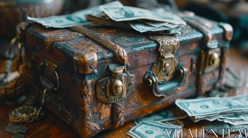 AI ART Enigmatic Still Life: Old Leather Suitcase with Currency Stack