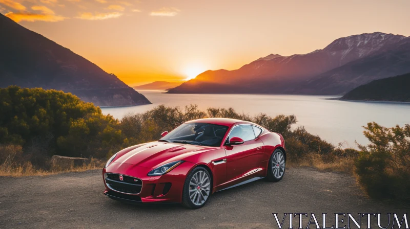 Fiery Red Jaguar Sports Car by the Tranquil Lake at Sunset AI Image