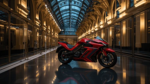 Futuristic Glam: A Captivating Motorcycle in a Magnificent Hallway