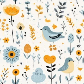 Hand-drawn Floral and Bird Seamless Pattern - White Background