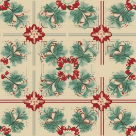 Red and Green Floral Seamless Pattern on Beige Background